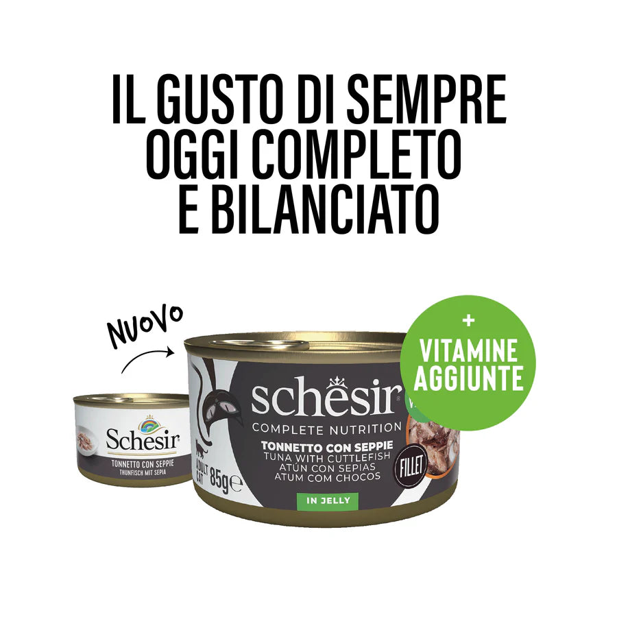 Confezione Schesir tonnetto e seppie in jelly 85g per gatti adulti, ricetta completa e bilanciata Confezione Schesir tonnetto e seppie in jelly 85g per gatti adulti, ricetta completa e bilanciata